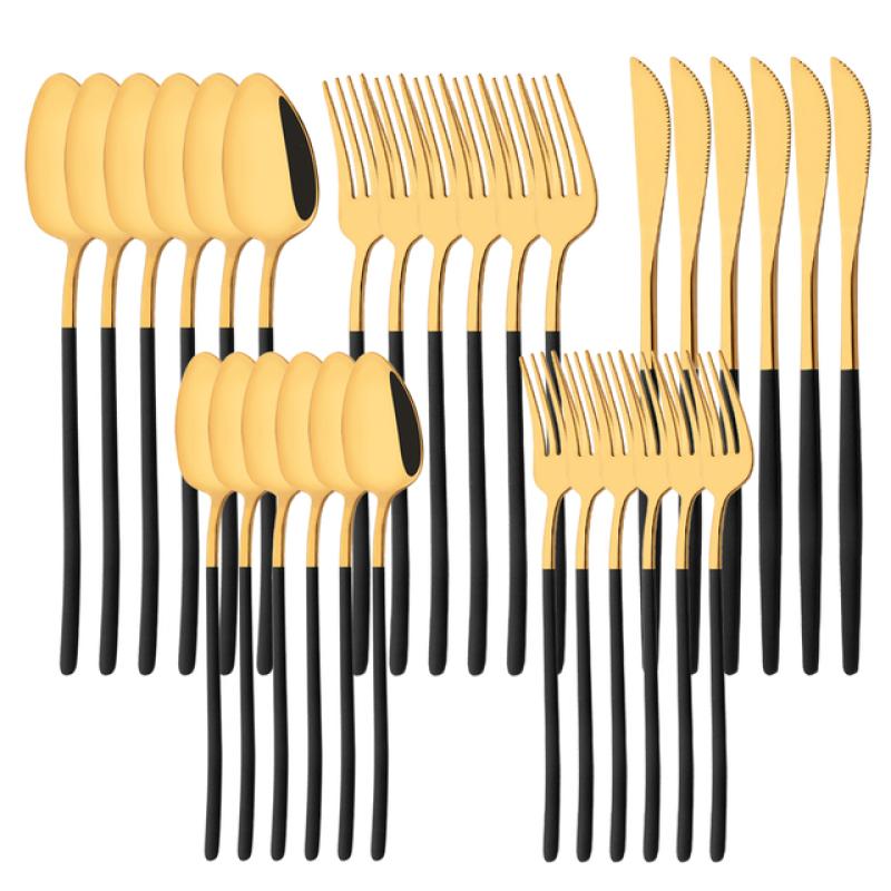 White Gold 30Pcs Dinnerware Set Knife Dessert Fork Spoon Tableware Cutlery Set 18/10 Stainless Steel Flatware Silverware Sets