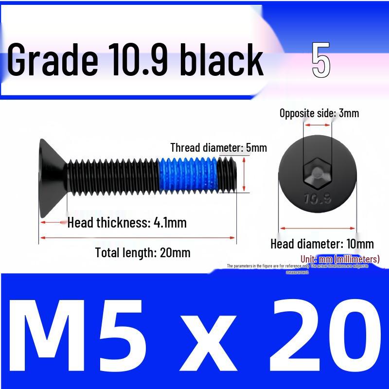 Black Anti-Slip Flat Cup Screw with Adhesive Blue Glue, Countersunk Hexagon Socket, Available in M2-M8 Sizes