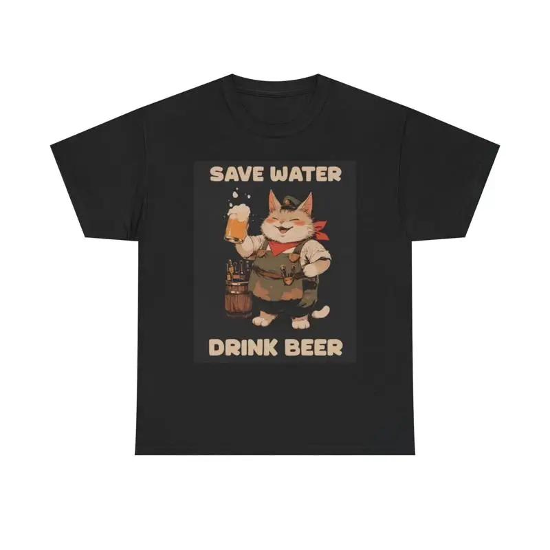 Save Water Drink Beer Cat T Shirt Funny Jokes Heavy Cotton