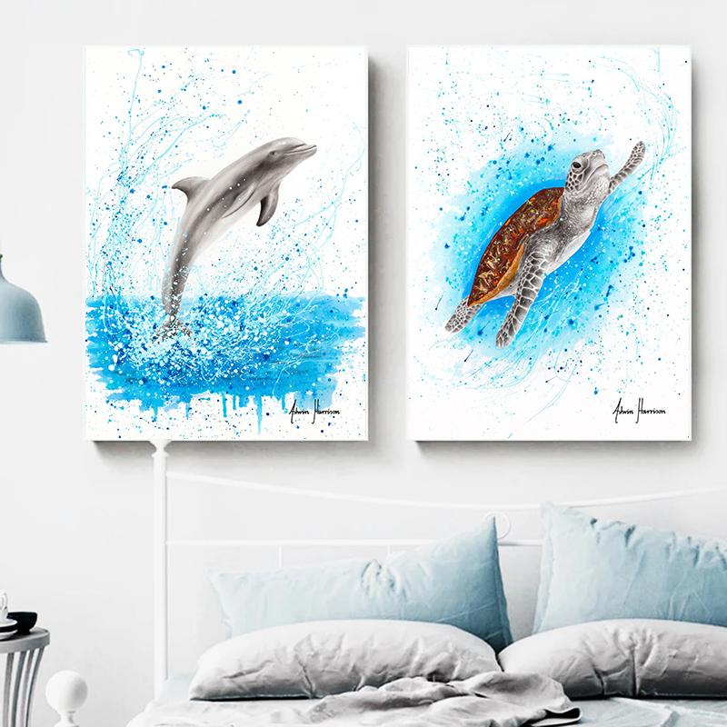 Abstract Ocean Animals Posters Canvas Painting Dancing Marlin Dolphin Fish Wall Picture Minimalist Print Livinig Room Home Decor