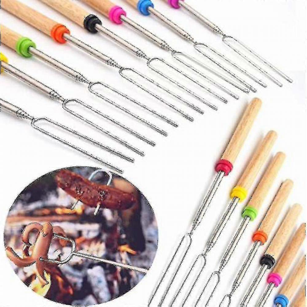 Grill Stick Wooden Handle Set 8 Skewers Retractable Fork Grill Tools