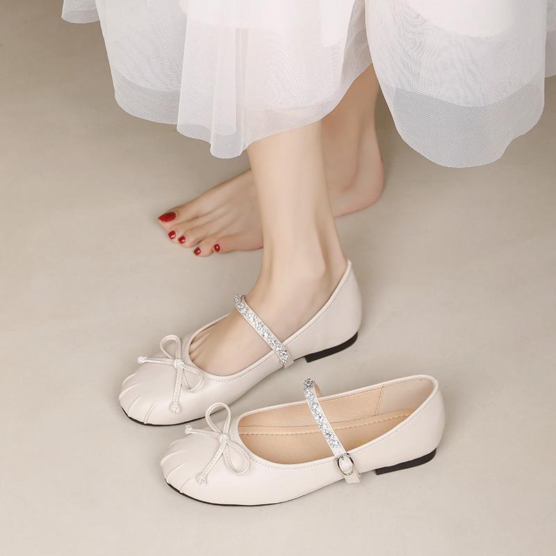 Fashion Crystal Beading Band Ballet Flats Women Bowtie Moccasins Soft Leather Pleated Round Toe Ballerina Shoes Woman Loafers Big Size43