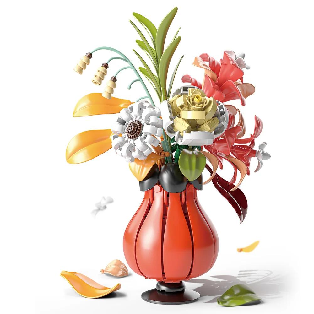 

351PCS Artistic Bouquet Building Blocks Flower With Vase Model Bricks Desktop Decoration DIY Toys For Children Holiday Gifts