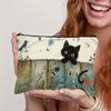 Adorable Black Cat Floral Paw Storage Pouch, 2-in-1 Makeup Bag & Pencil Case for Women & Students, Washable Zippered Organizer