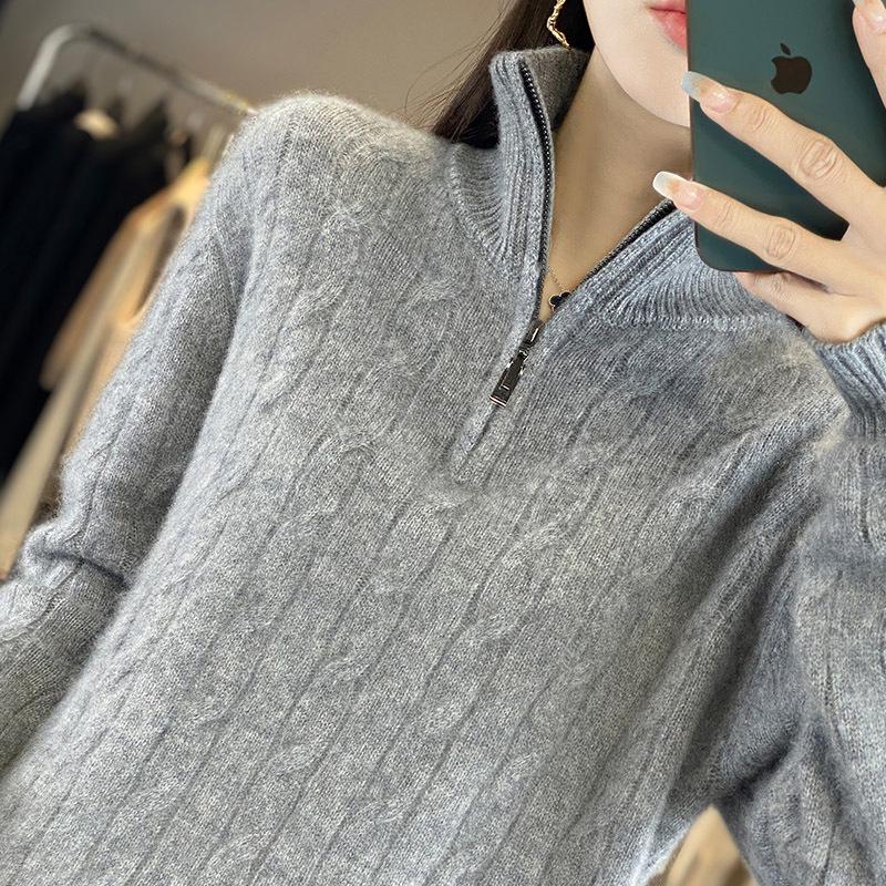 

Женский облегающий пуловер из чистой шерсти с высоким воротом, крупной вязки «косы», кашемировый на молнии до середины груди Small