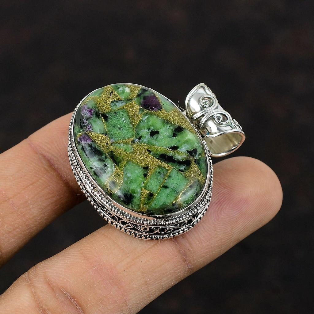 Copper Ruby Zoisite Pendant Handmade Dainty Pendant 925 Sterling Silver Pendant Vintage Jewelry Gemstone Pendant Gift For Mom Silver Jewelry