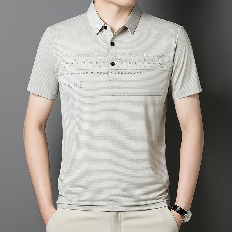 Men'S Ice Silk Short-Sleeved Striped Stretch T-Shirt Loose Casual Men'S Polo Shirt