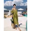 (There is a color) Seaside vacation one-word collar off-the-shoulder suspender skirt French temperament loose long skirt covering the meat
