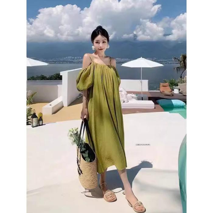 (There is a color) Seaside vacation one-word collar off-the-shoulder suspender skirt French temperament loose long skirt covering the meat