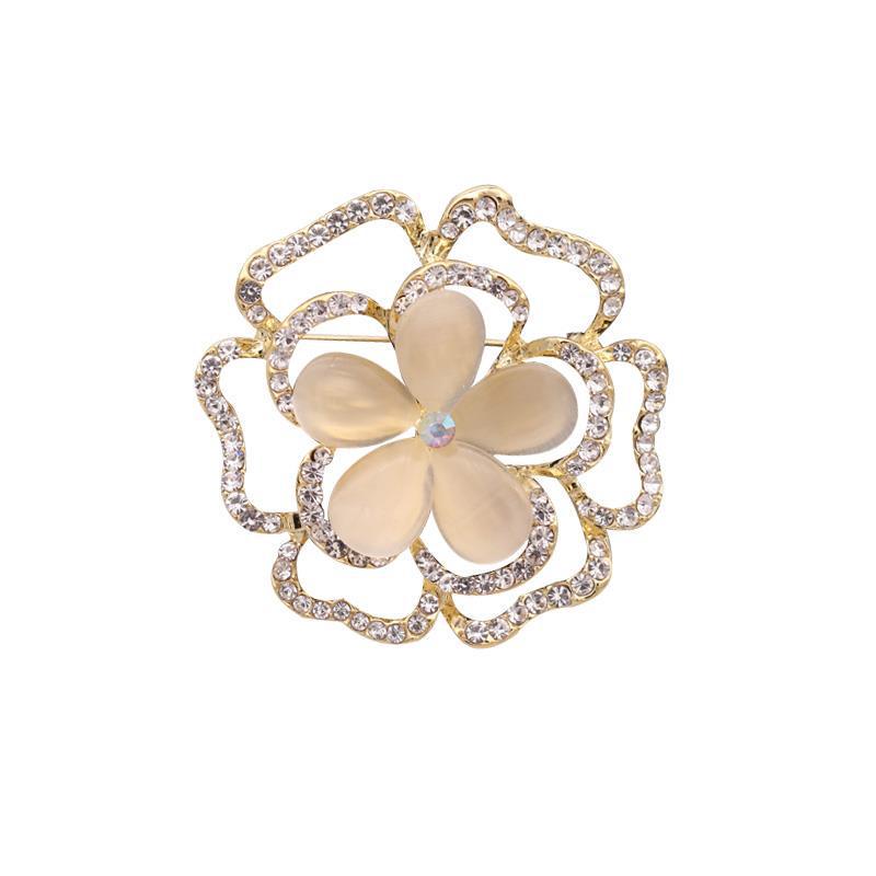 Elegant Rhinestone Cat's Eye Flower Brooch Pin for Women's Clothing