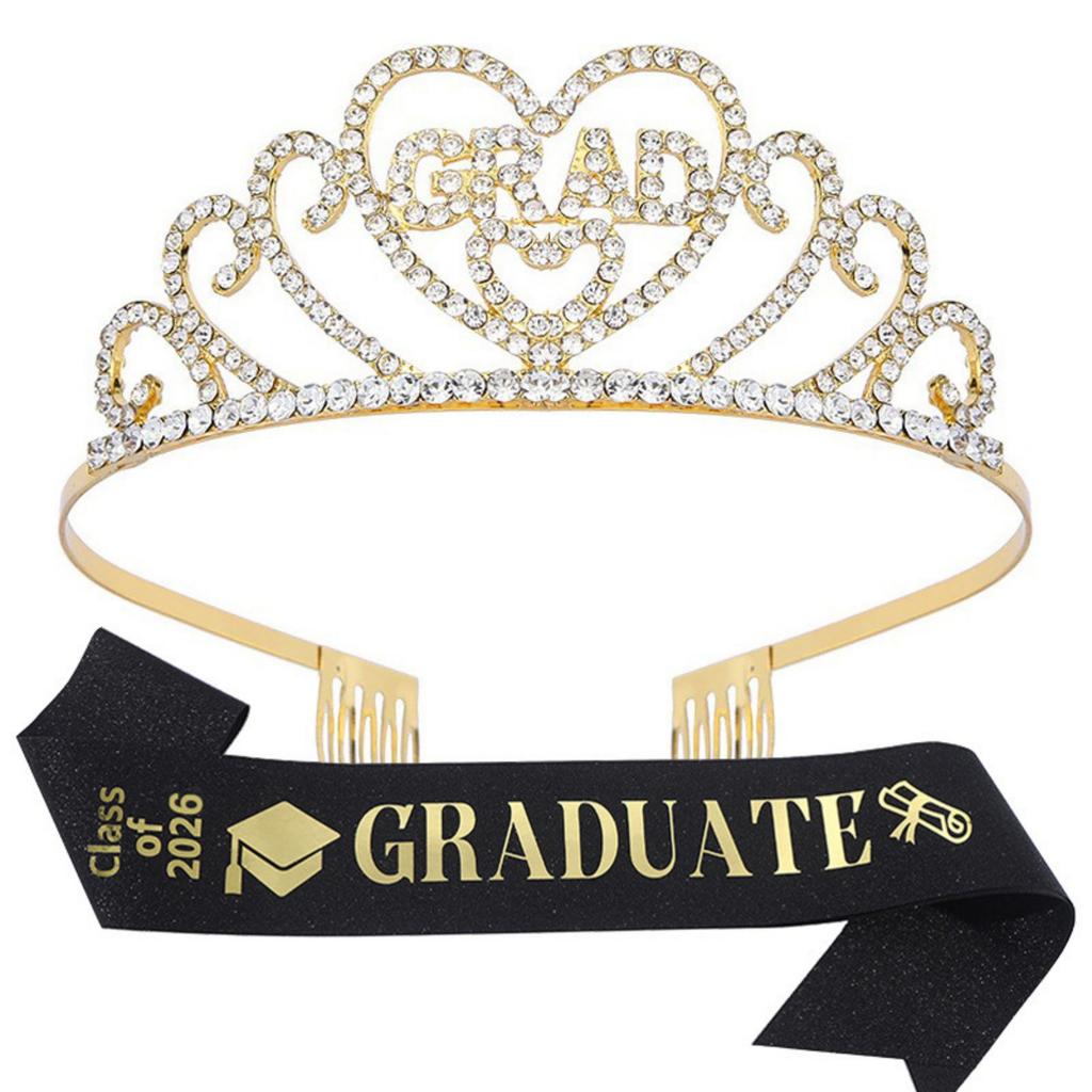 New Model Graduation Party Set - Crown Shoulder Strap 2-piece Set - Alloy Rhinestone Letter Headpiece