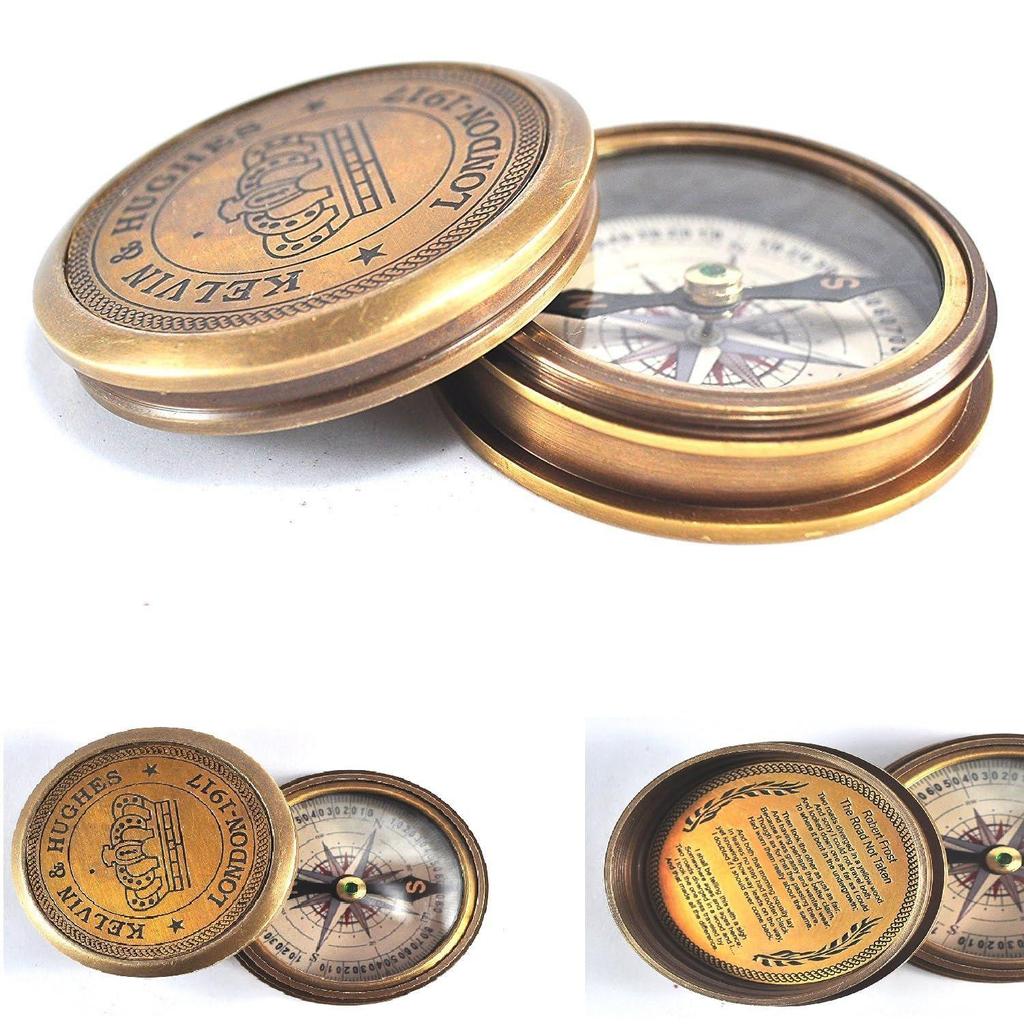 Antique Brass Pocket Compass with Robert Frost's The Road Not Taken Engraved Inside the Cover and Kelvin & Hughes