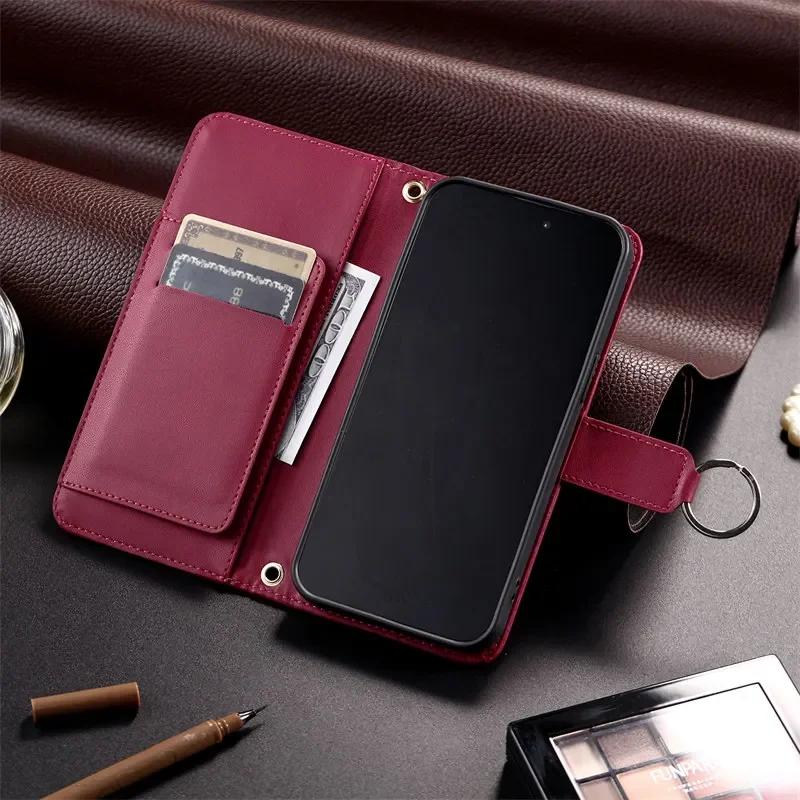 Flip Leather Phone Case for iPhone 17 Air 16 15 Pro Max 16E 14 13 12 11 Pro XS Max XR SE 8 7 Plus Long Lanyard Wallet Card Cover