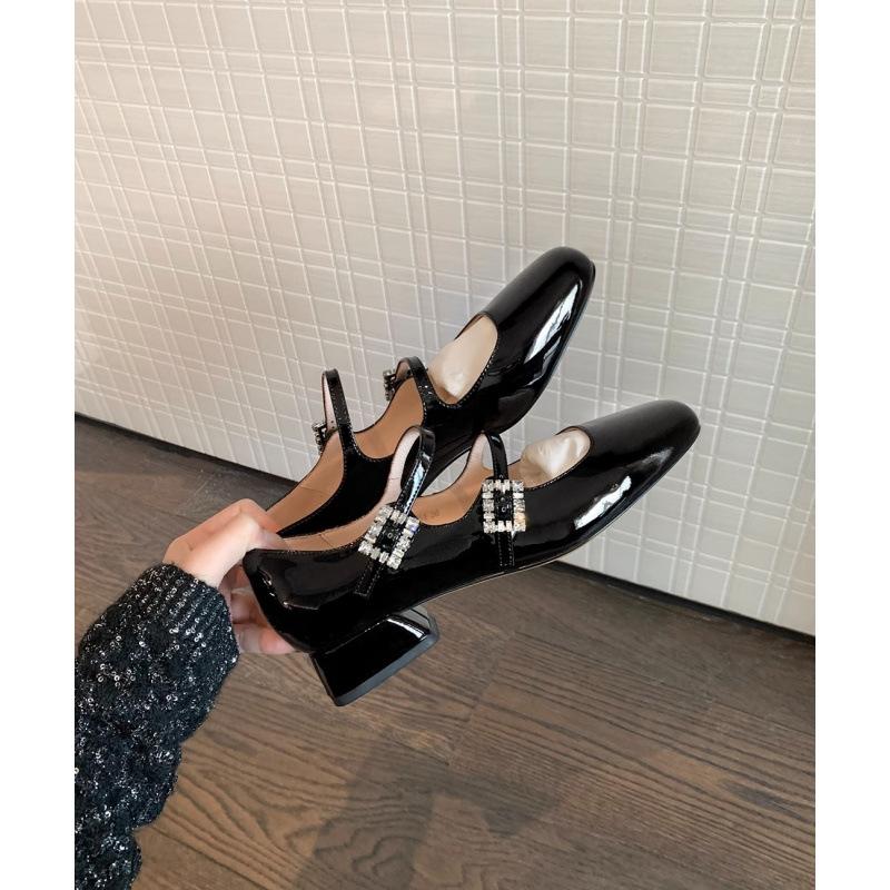 Shoes Square Head Patent Leather Rhinestone Square Buckle Thick Heel Mary Jane Single Shoes Women's Wedding Shoes