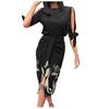 Women's Fashion Five-part Sleeve Strap Hollow Printed Sleeve Slim Dress