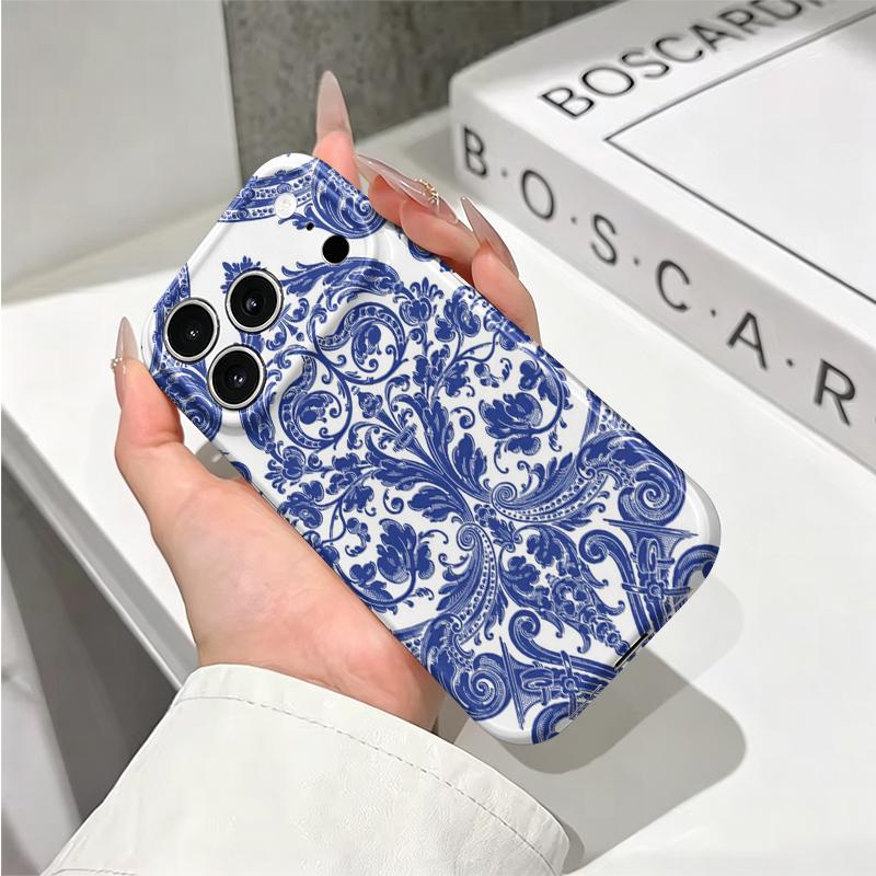 Cobalt Baroque Ornate Pattern Design Art Film Aesthetic Protective Shockproof Bumper Phone Case Cover For iPhone 14 15 16 Pro Max Plus