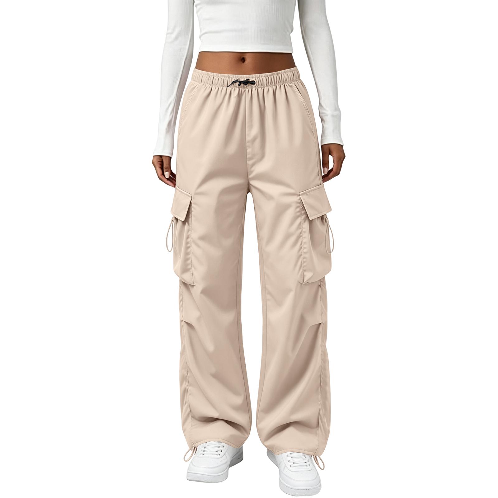 

Women s Vintage Straight Leg Cargo Pants Elastic Waistband Drawstring Adjustable Hem Utility Workwear Trousers L бежевый