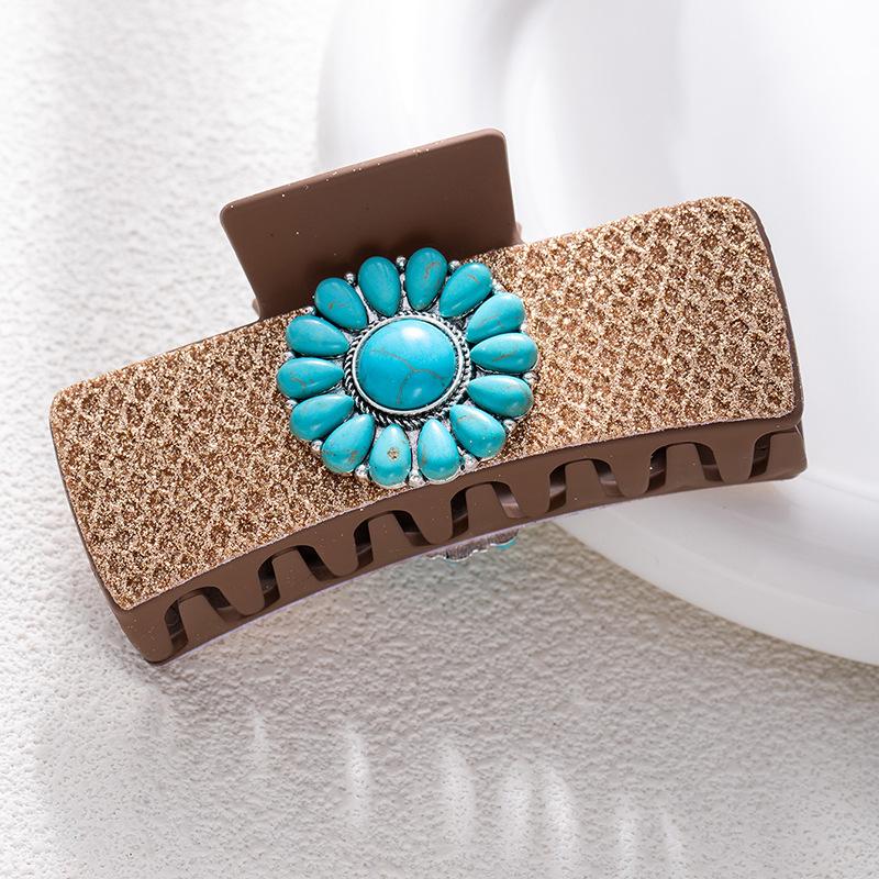 Bohemian Ethnic Style Turquoise Grab Clip Western Style Hairpin Retro Leopard Print Sequined Leather Fashion Disc Hairpin