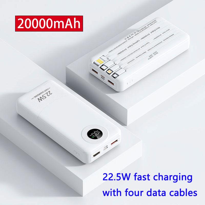 

VAORLO 22.5W сверхбыстрая зарядка Power Bank PD QC 3.0 20000mAh с 4 кабелями передачи данных Зарядное устройство Powerbank для Samsung iPhone D894 White 20000mAh