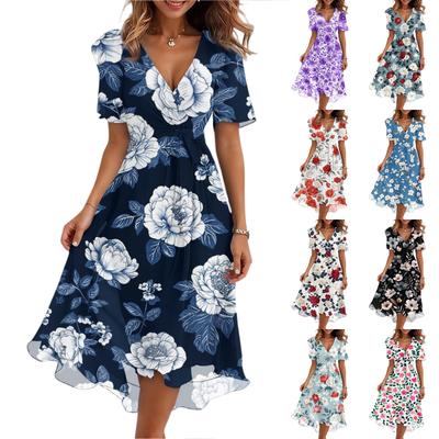 Damenmode Lässig V-Ausschnitt Kurzarm Rüschen Vintage Bedruckte Kleider
