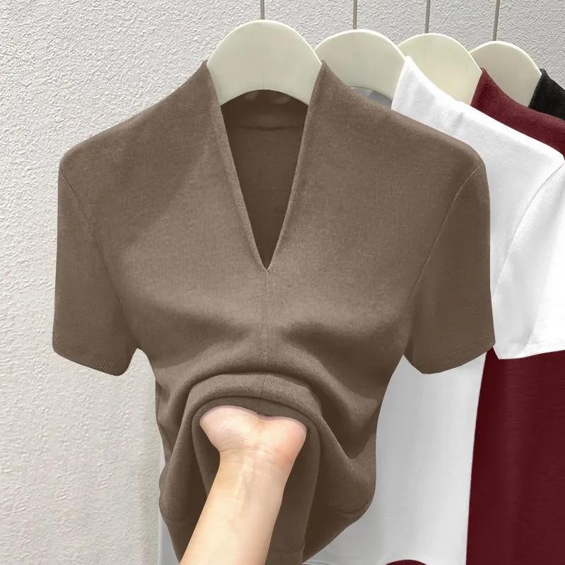 Women's Summer Threaded V-neck Short Sleeved T-shirt Slim Fit and Slimming, Solid Color Base Top