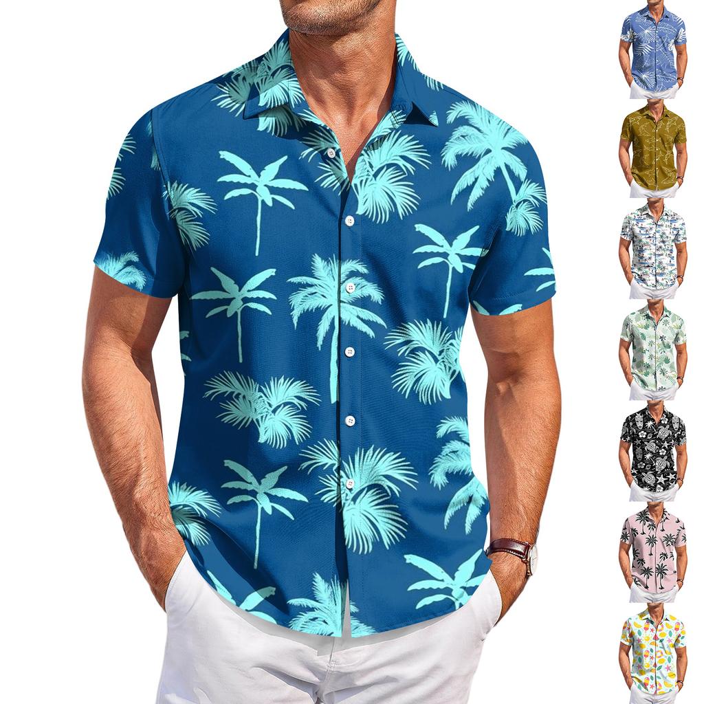 Men's Casual Loose Fit Short Sleeve Hawaiian Shirt Button Down Lightweight Summer Beach Shirt with Shark Print Design