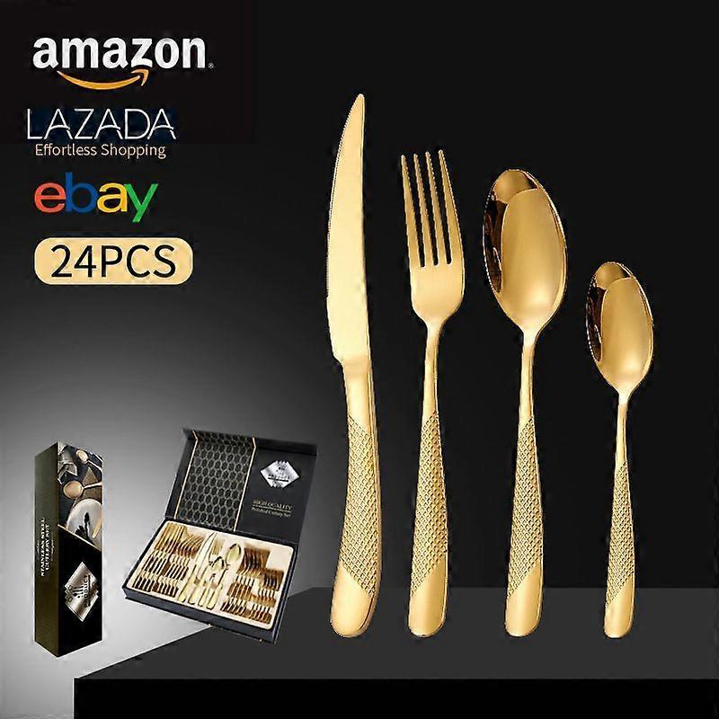 Silver 24PCS-toothpaste Box Star Diamond Series Stainless Steel Steak Knife, Fork and Spoon Star Diamond Western Tableware Hotel Steak Knife and Fork
