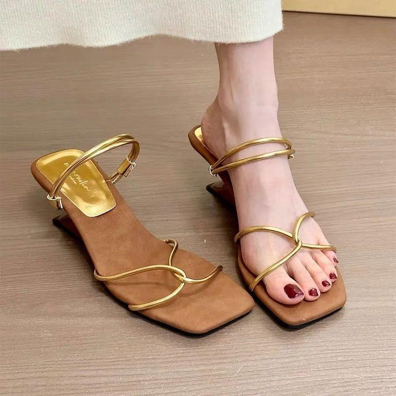 Fashion Fashion Gold Narrow Band Slides Women 2025 Summer Cross Strap Square Toe Slip On Sandals Silver Novelty Strange Heel Slippers