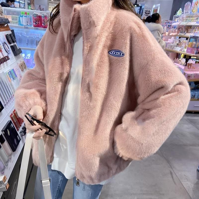 Plush Coat Women Autumn Winter Season Warm Loose Short Top Stand Collar Faux Fur Zipper Thick Solid Jacket