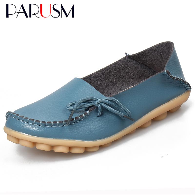 New Moccasins Women Flats  Autumn Woman Loafers Genuine Leather Female Shoes Slip On Ballet Bowtie Women'S Shoes Big Size