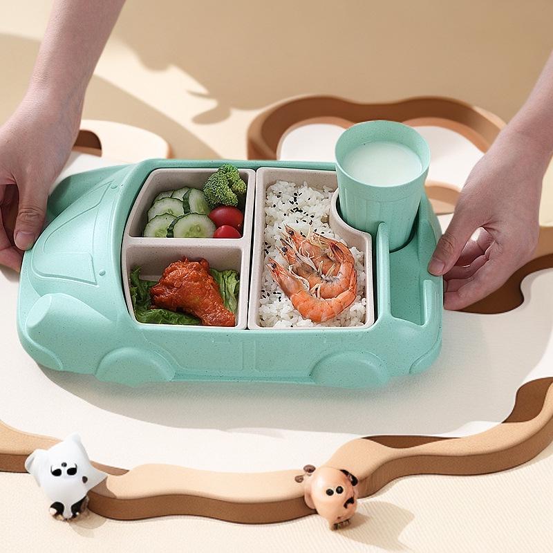 Car-Shaped Bamboo Fiber Children's Plate with Three Compartments & Water Cup - Durable, Anti-Fall Design for Baby Meals