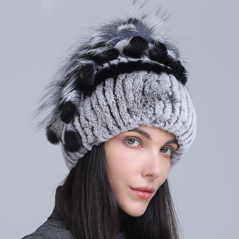 Winter Women's Warm Fashion Thick Wool Hat Rex Rabbit Fur Hat Knitted with Side Flower Hat
