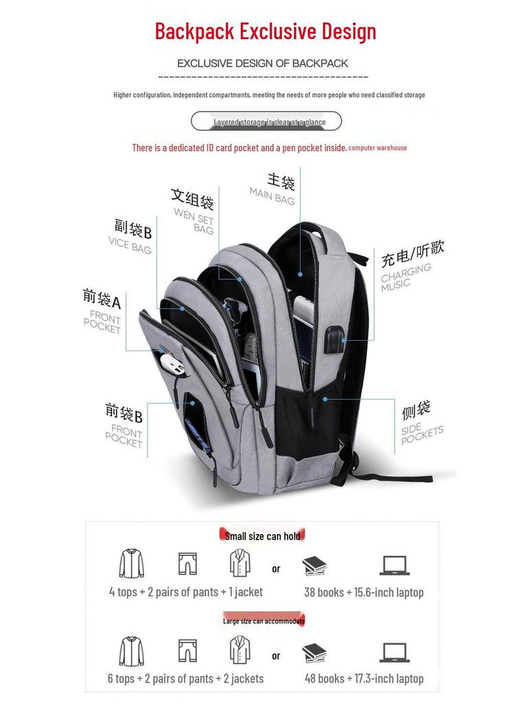 USB Rechargeable Large Capacity Backpack for Students, Boys & Girls, Double Shoulder & Business Laptop Use