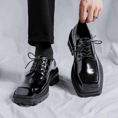 22 Spring and Autumn Small Man Thick-soled Heightening Square Head Leather Shoes British Style Black Big Head Leather Shoes