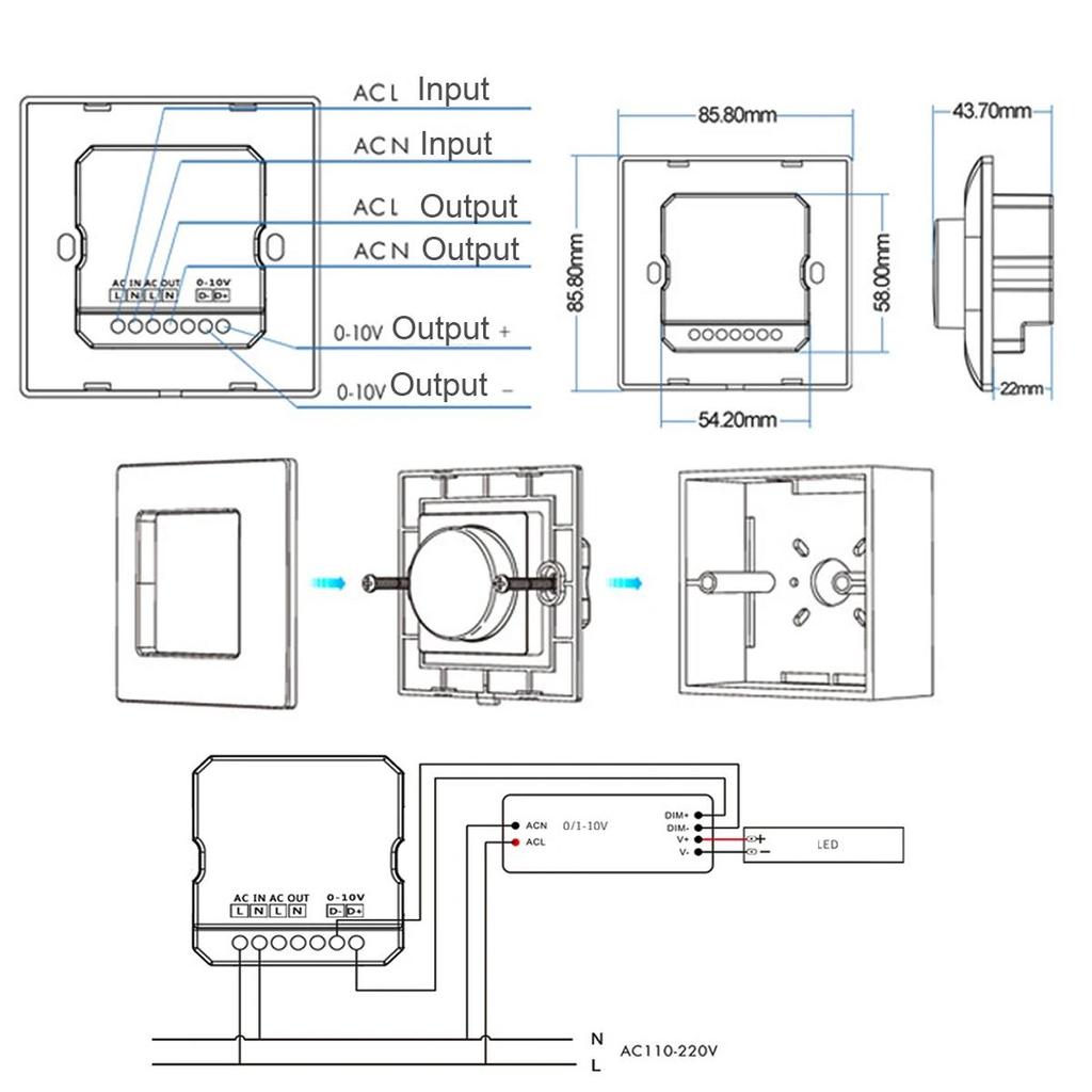 0-10V LED Dimmer Module 220V 230V AC Relay Output Knob Panel Wall Mount Dimmer Switch 1 Channel Dimming Rotary Panel max.3A 3