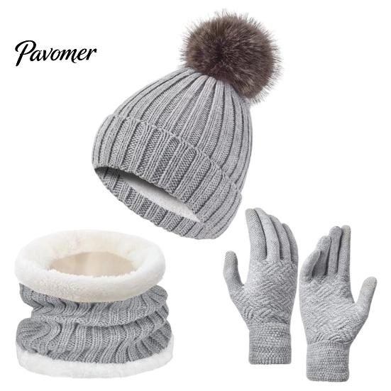Thermal Fleece Lined Winter Accessories Hat Neck Warmer Gloves Set, Knitted Beanies with Pompom, Touch Warm And Scarf Set Screen Gloves, Knit for Men