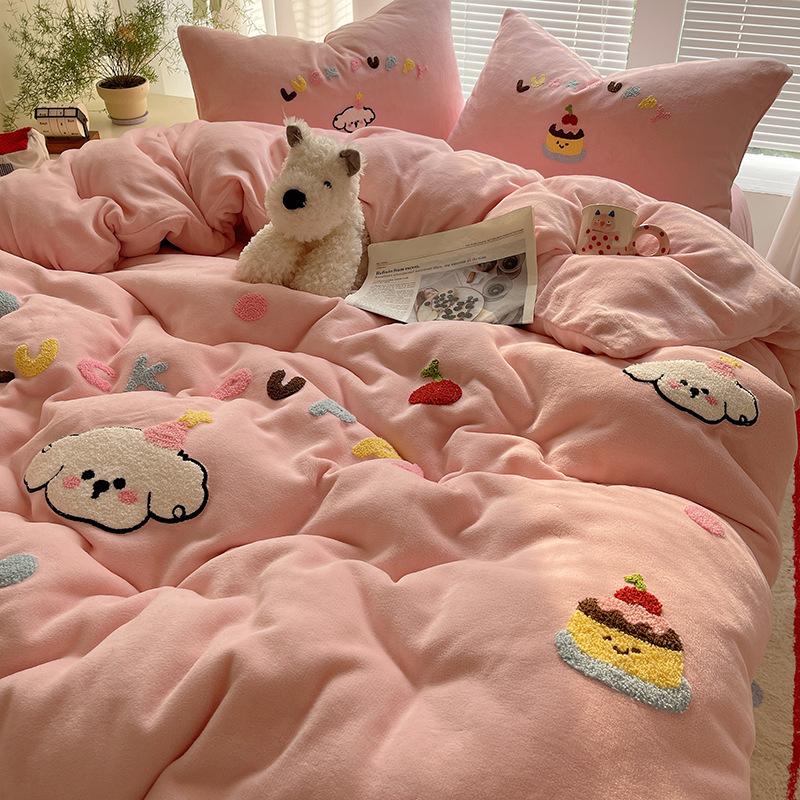Thickened Milk Fleece Bed Four-Piece Set Fleece Quilt Cover Bed Sheet Coral Flannel Children'S Cartoon Bedding