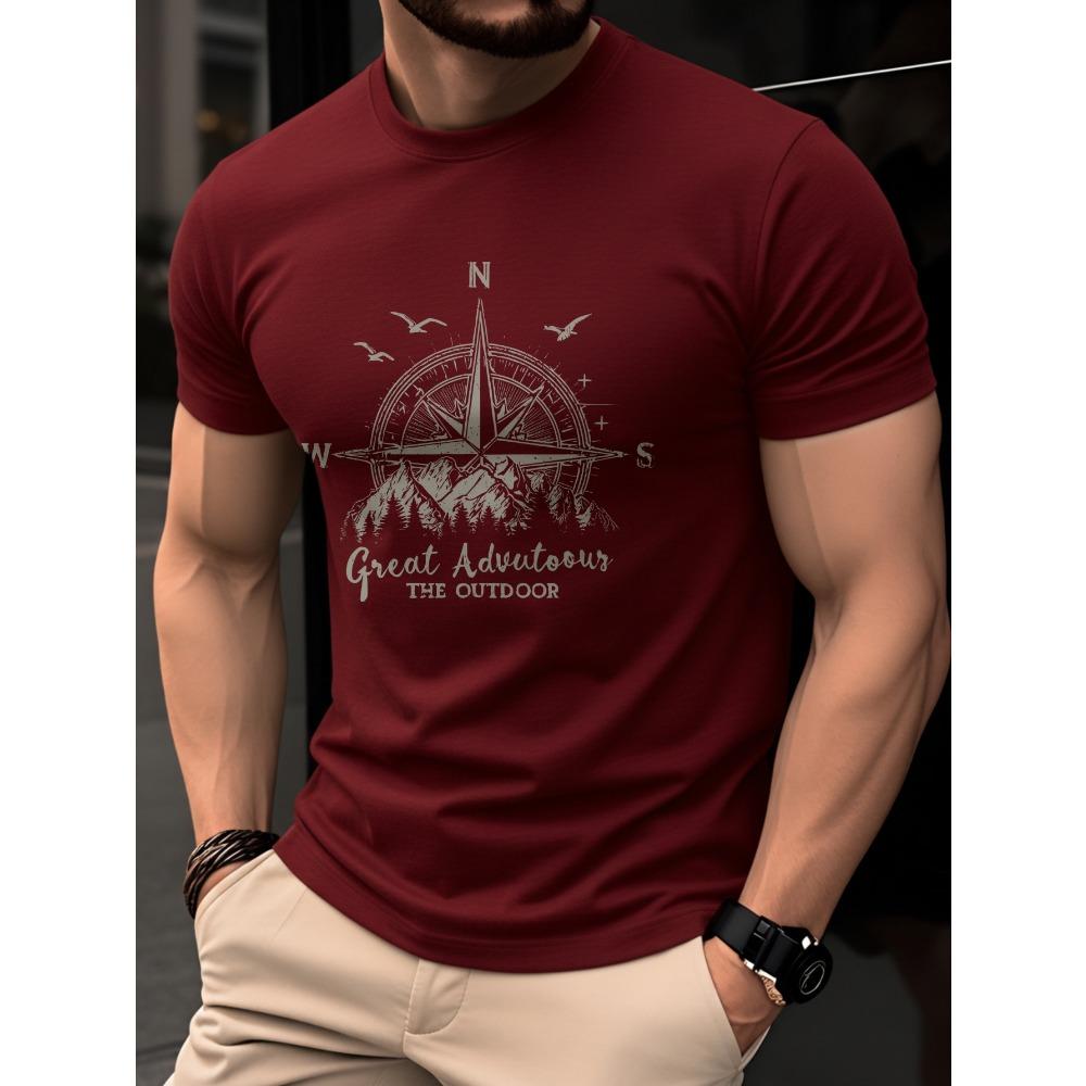Summer Men s Fashion Compass Mountain Pattern Printed T-shirt 2XS
