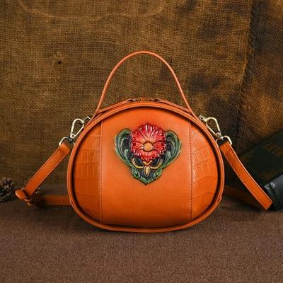 Retro Embossed Genuine Leather Women Circular Bag Handmade Versatile Handbag Large Capacity Shoulder Bags