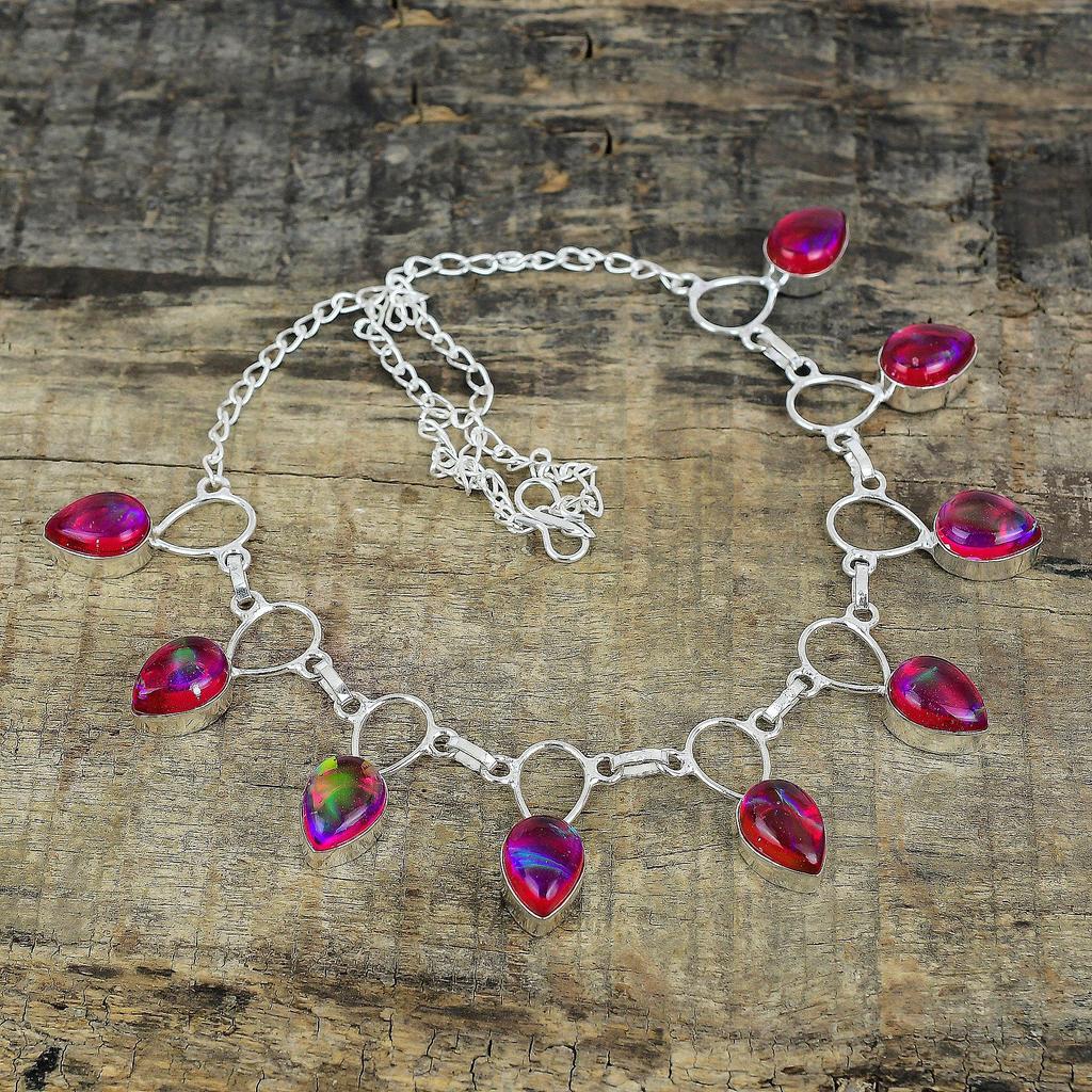 Pink Triplet Opal Silver Necklace, Pink Opal Necklace, Gemstone Necklace, 925 Sterling Silver Jewelry, 925 Silver Crystal Dainty Necklace For Her