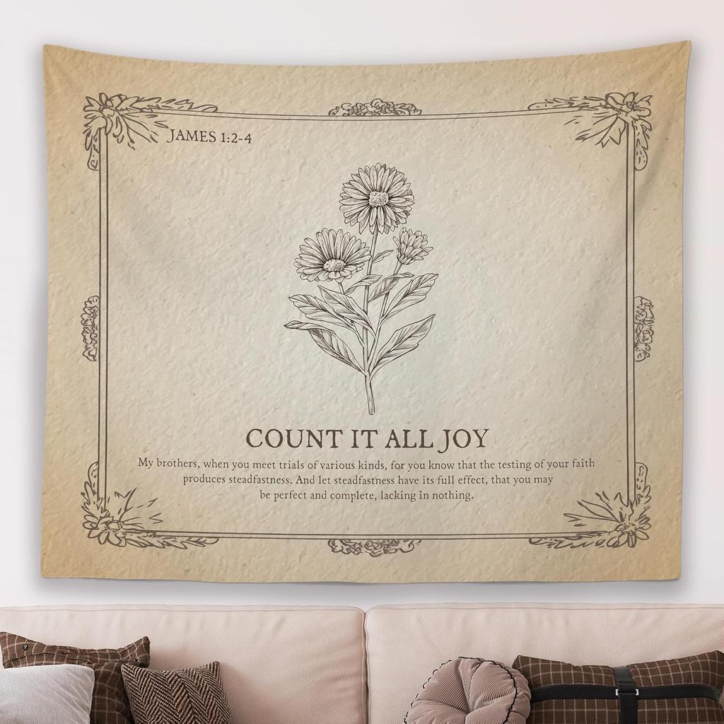 Vintage Christian Floral Wall Tapestry Hanging for Bedroom Flower Bible Verse Scripture James 124 TapestryRustic Religious
