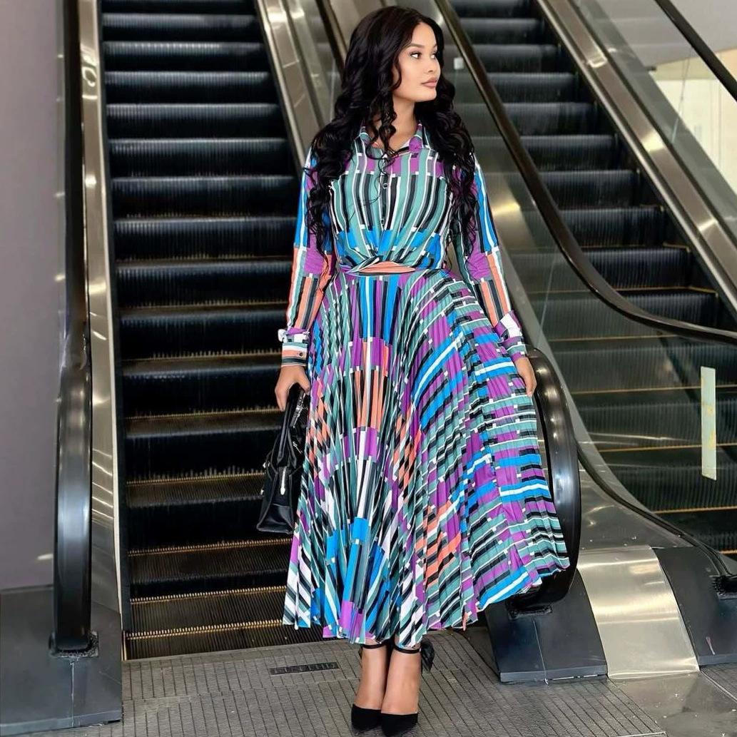 African temperament elegant fashion long-sleeved printing splicing pleated dress women s European, American and foreign style new women s long dress S