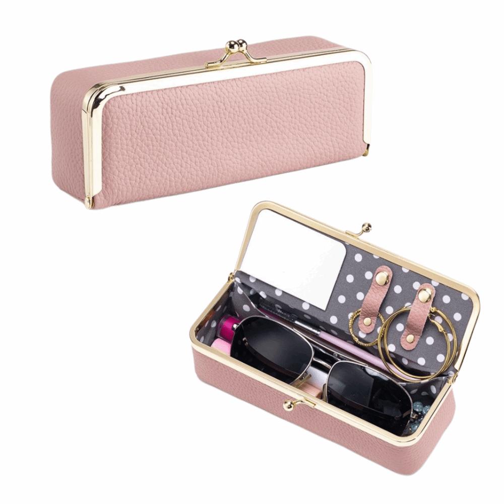 Genuine Leather Cosmetic Storage Pouch Portable Solid Color Sunglasses Storage Case Buckle Fixed Compact Jewelry Storage Bag