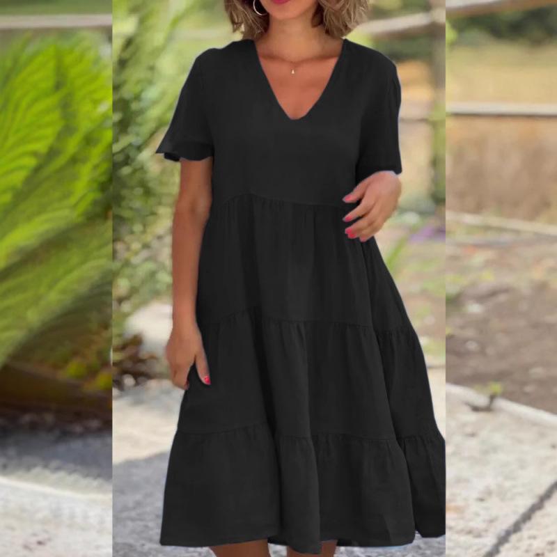 Fresh & Sweet V-Neck Solid Color Swing Short Dress for Women