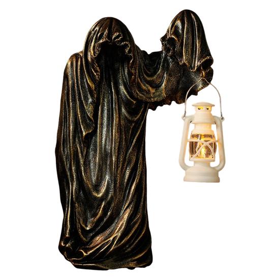 Ghost Wizard Figurine Halloween Ghost Statue with Light-up Lantern Vintage Gothic Ghost Sculpture for Indoor Mantel Cabinet Decoration