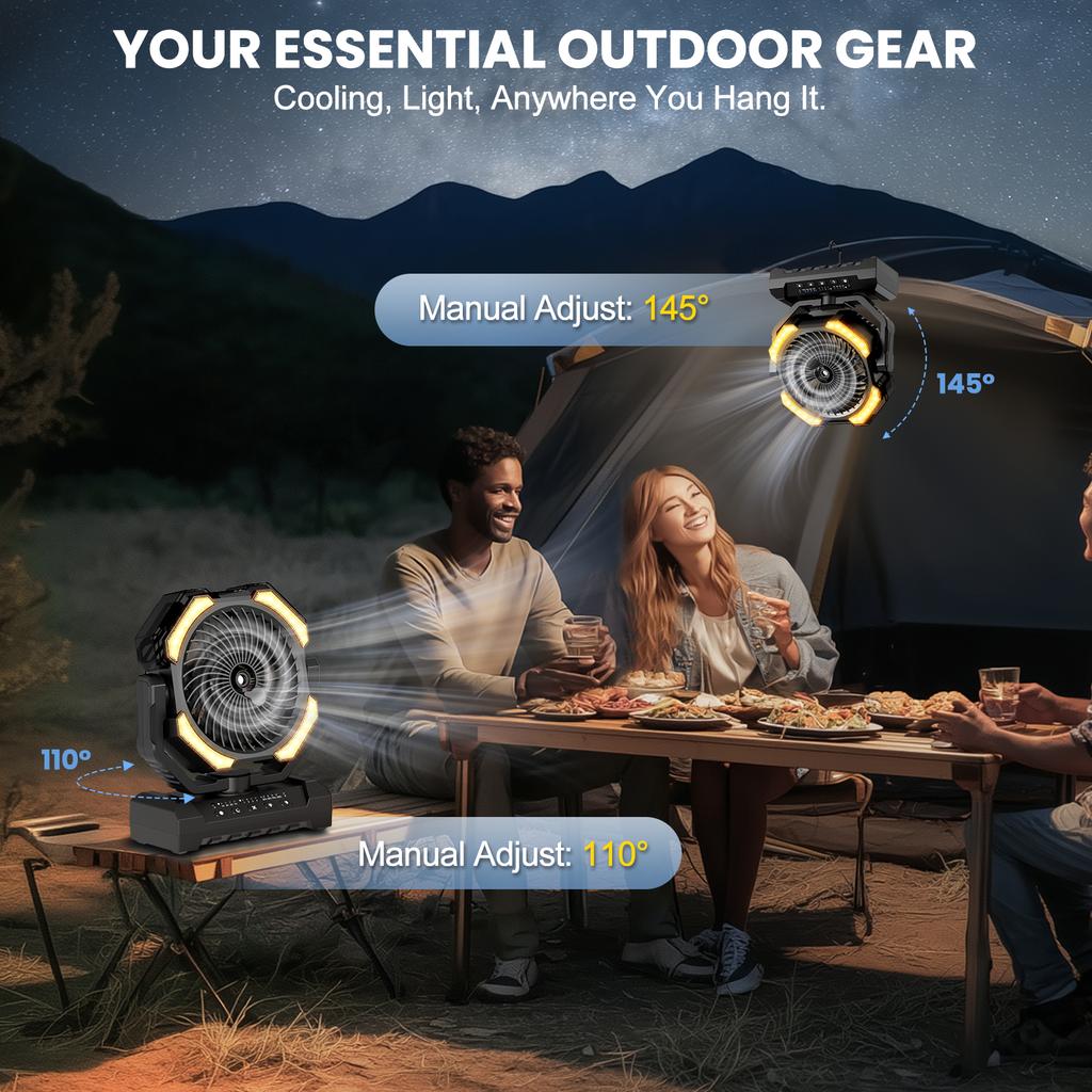 20000mAh Camping Fan Battery Operated Industrial Style Fan 4 LED & 4 Speeds Desk Fan Remote Rechargeable Outdoor Fans for Tent
