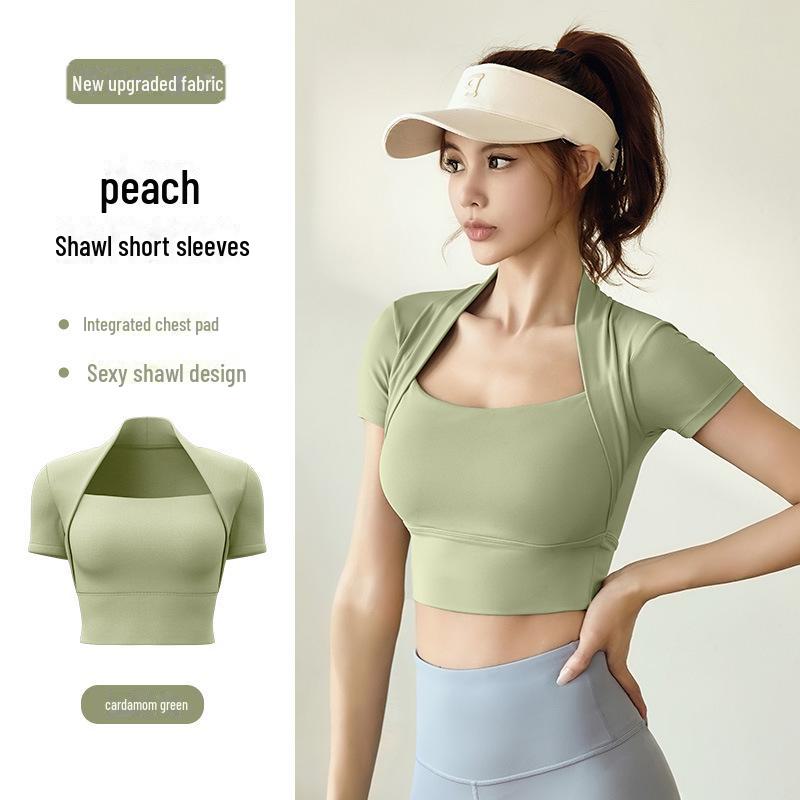 Juyitang Yoga-Top mit kurzen Ärmeln und hoher Elastizität – kein BH erforderlich 