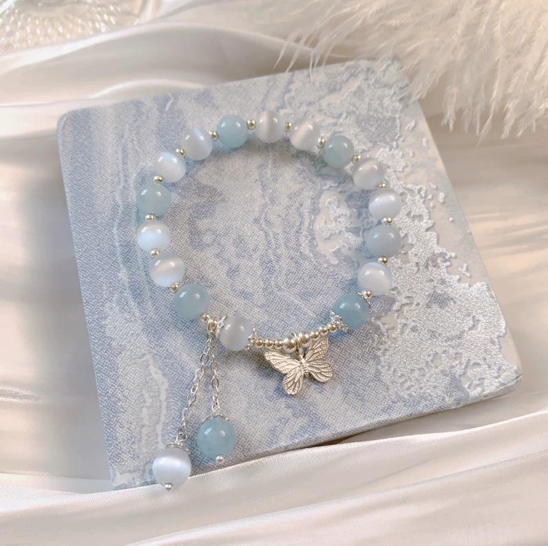Aquamarine Cat's Eye Crystal Butterfly Bracelet with Sterling Silver and Tassel