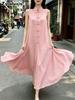 New Fashion Stand Collar Frog Buckle Loose Linen Cotton Dress for Women