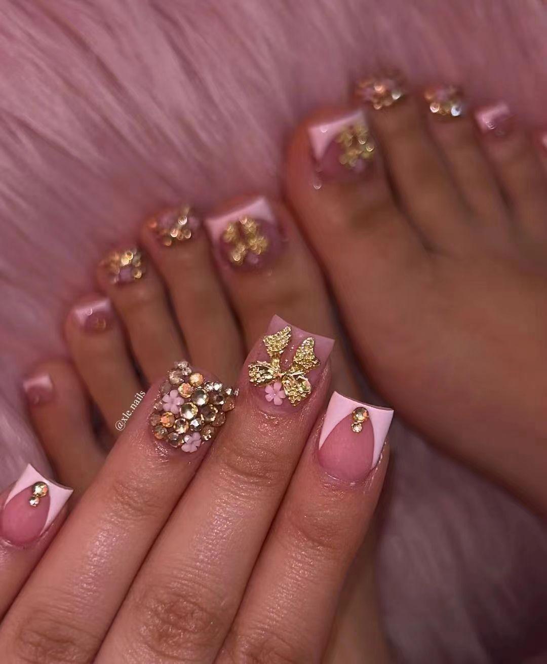 Nail Art Wear Nail Art Short European Direction Pink French Nail Art Sweet Shining Bow Flower Fake Nails Yellow jelly glue